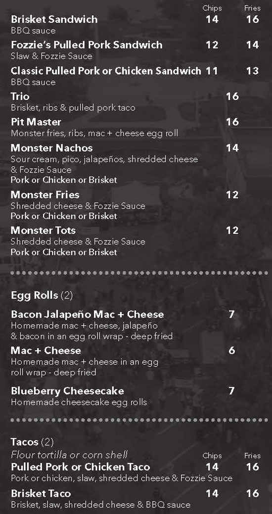Fozzie's Smokin Bar BQ menu page 1