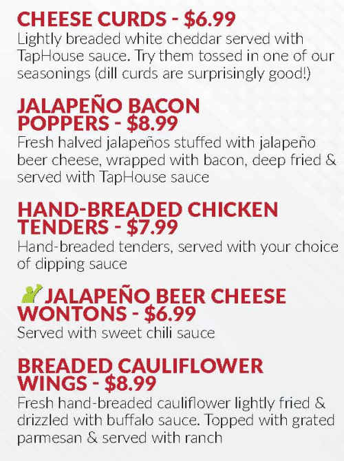 7 West TapHouse menu page 1