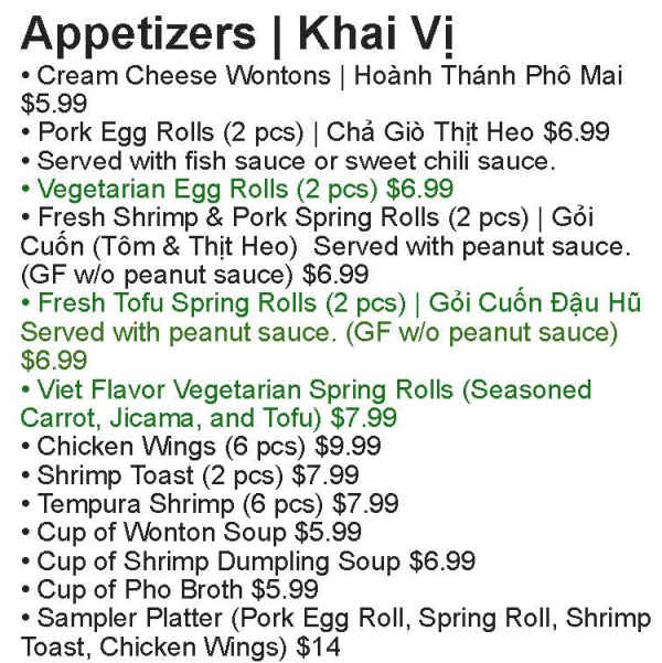 Viet Flavor menu page 1