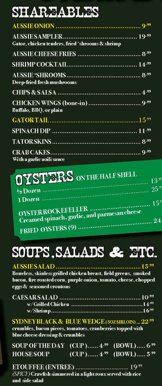 Outback Steak & Oyster Bar menu page 1