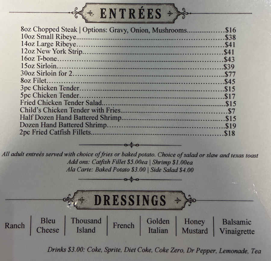 Martie's Steakhouse menu page 1