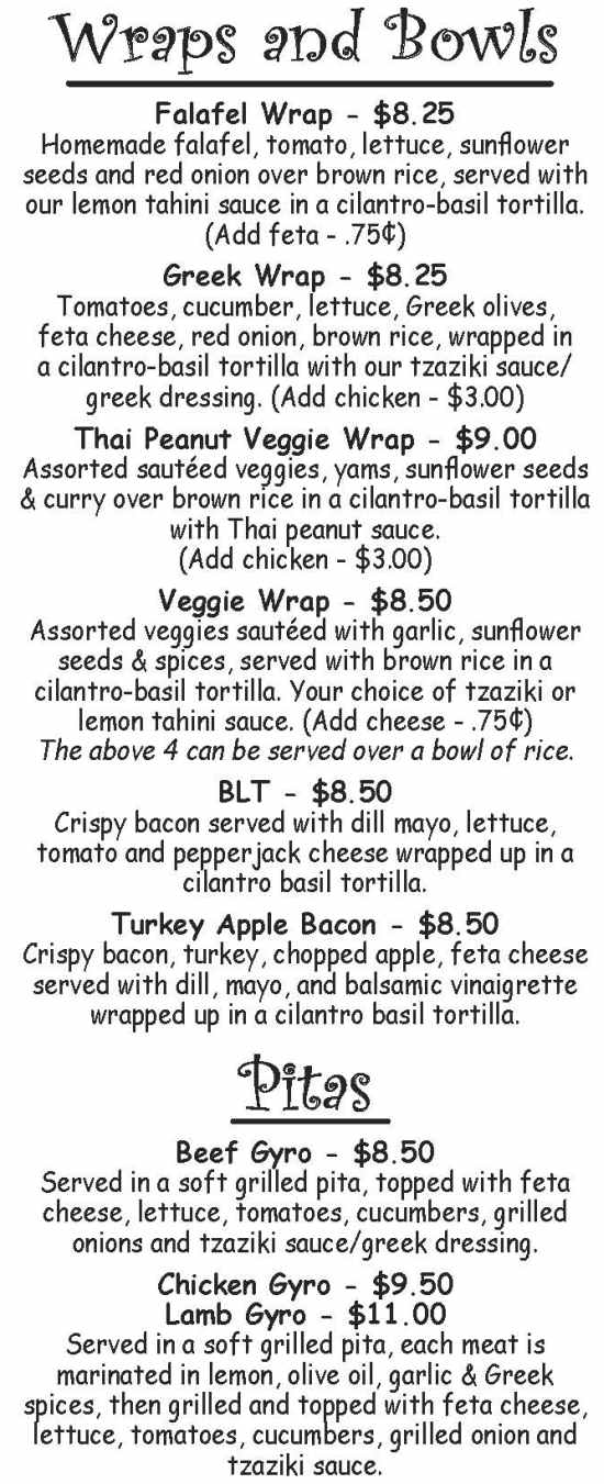 Wrap & Roll Cafe menu page 1