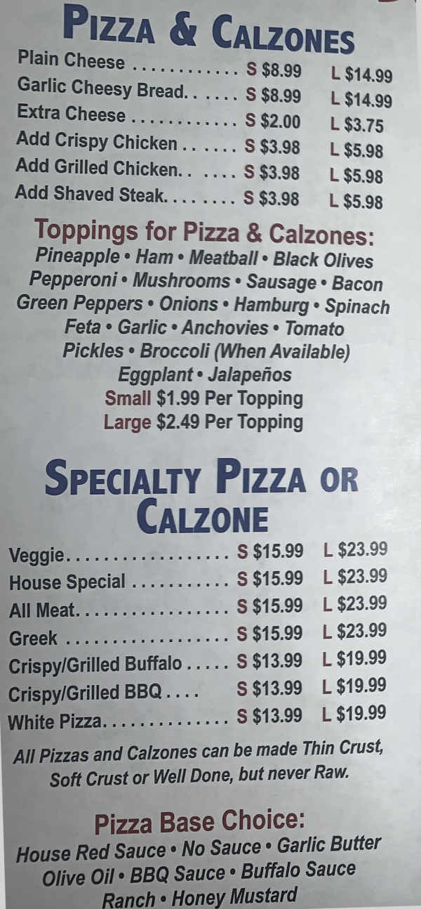 Gold House Pizza menu page 1