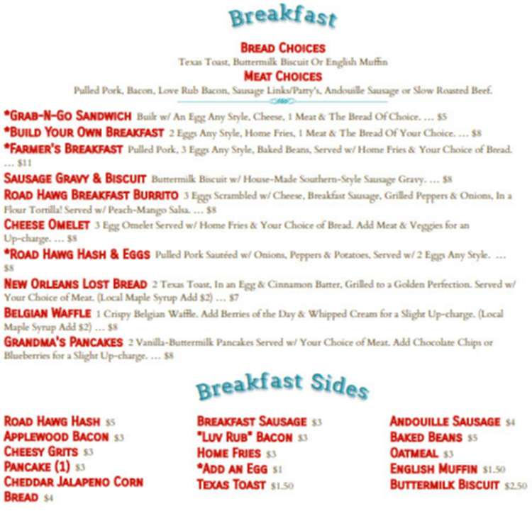 Road Hawg BBQ menu page 1