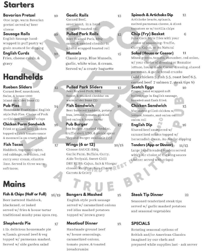 The June Cork Pub menu page 1