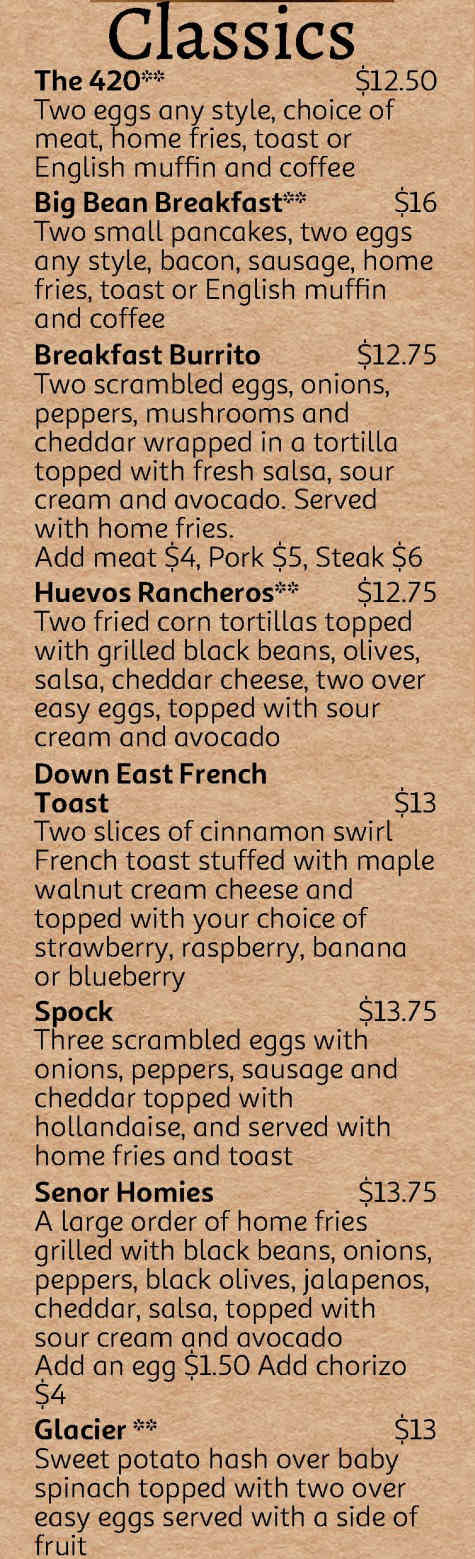 The Big Bean Newmarket menu page 1