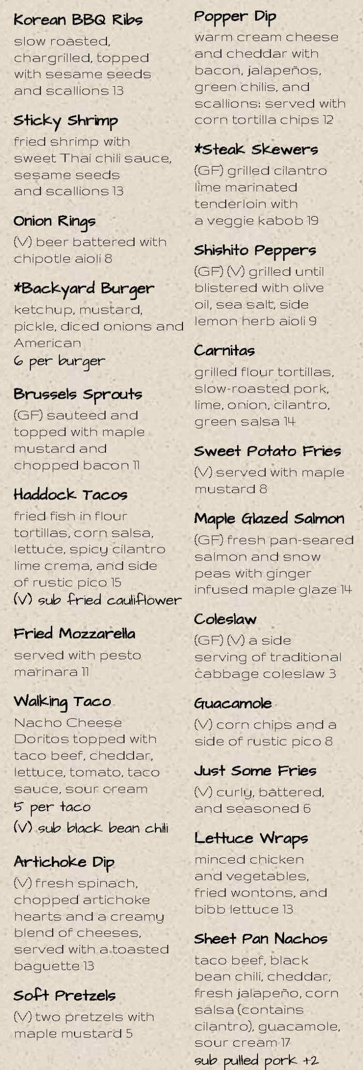 Snax menu page 1
