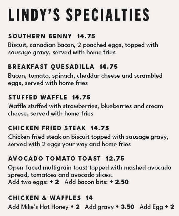 Lindy's Diner Menu, Keene, NH