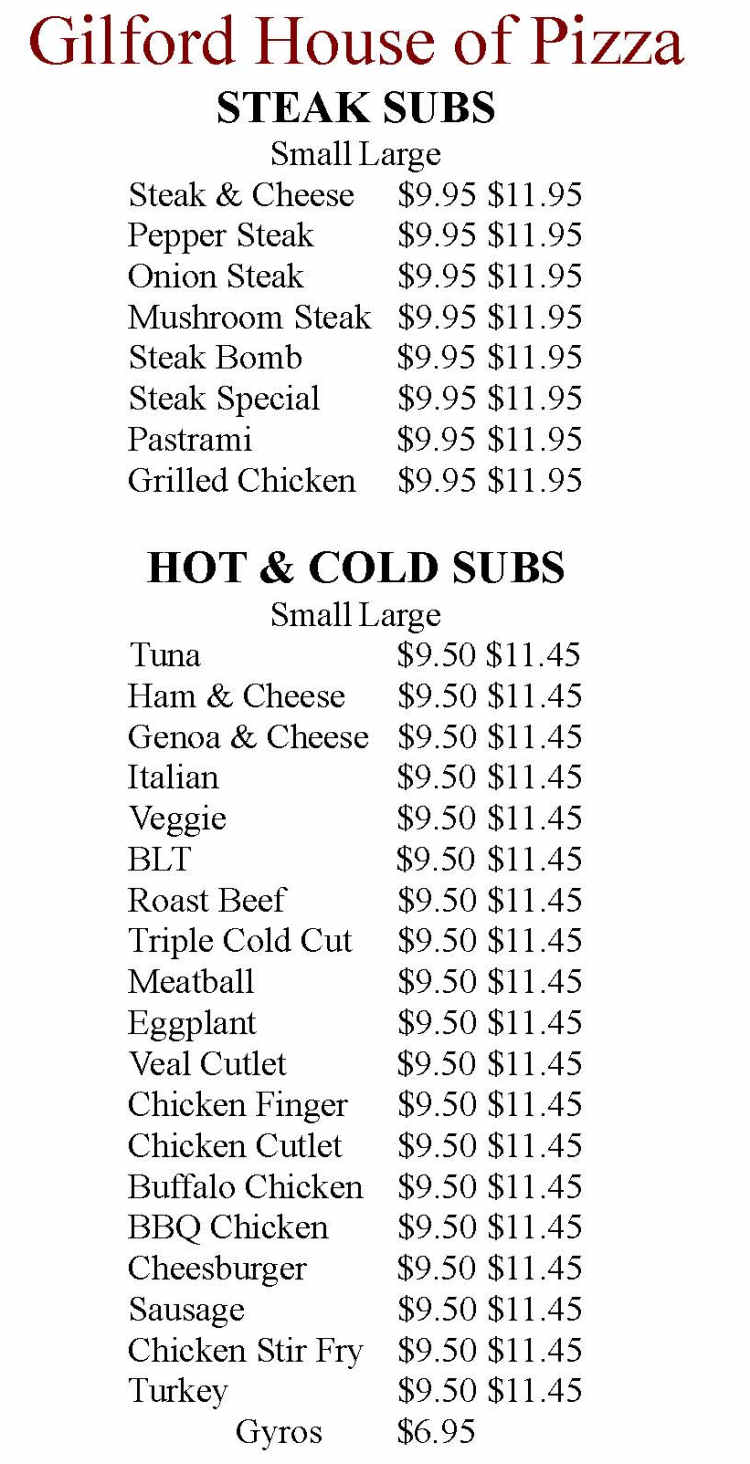 Gilford House of Pizza menu page 1