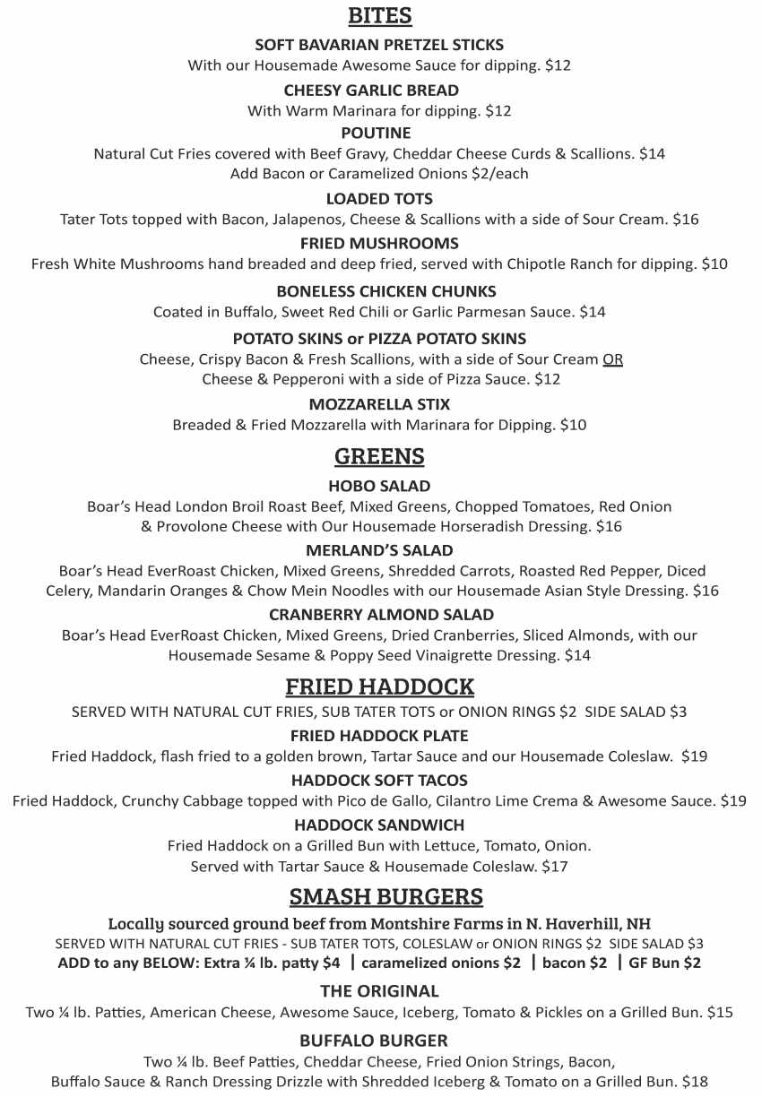 Merland's Tap & Table menu page 1