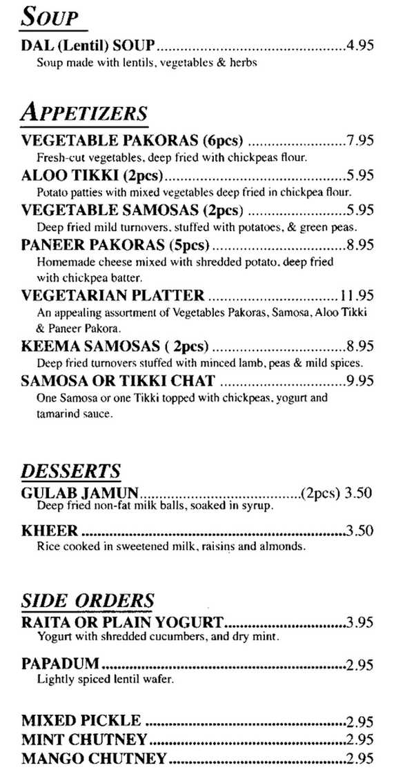 Shalimar of India menu page 1