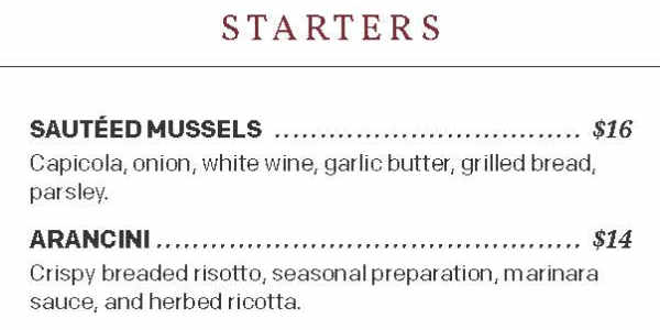 The Rosa menu page 1