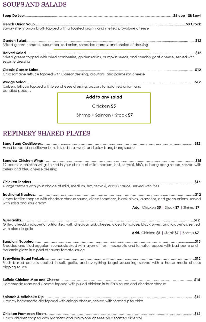 Refinery Modern Fare menu page 1