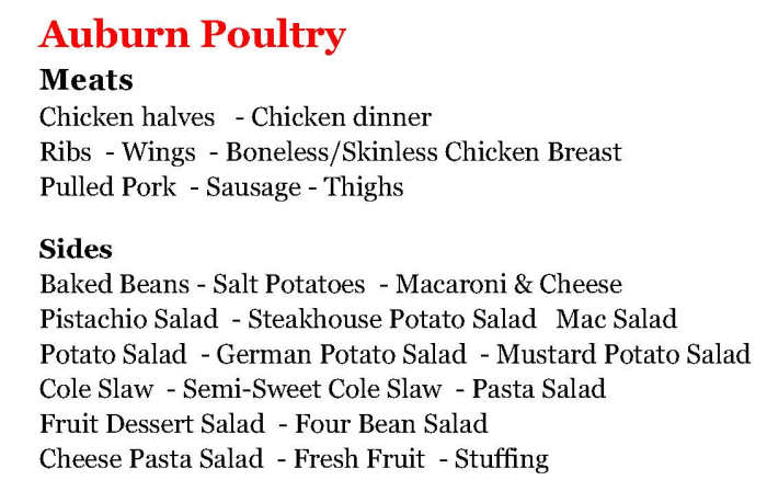 Auburn Poultry menu page 1