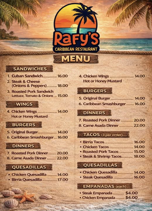 Rafy's Caribbean menu page 1