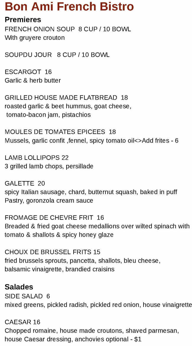 Bon Ami French Bistro menu page 1