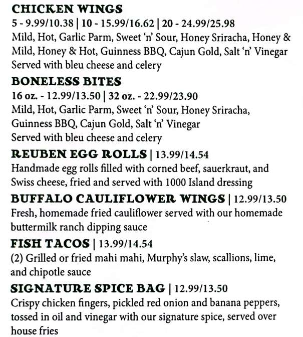 Murphy’s Law Irish Pub menu page 1