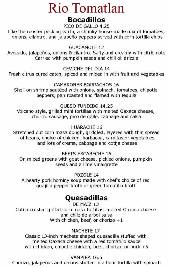 Rio Tomatlan menu page 1