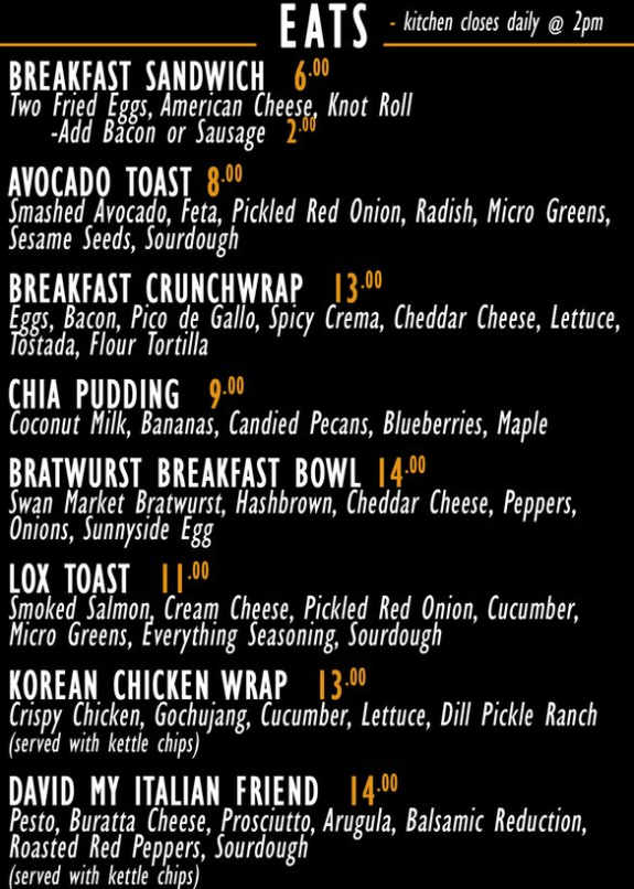 Working Class Coffee menu page 1