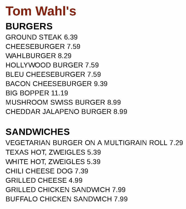 Tom Wahl's menu page 1