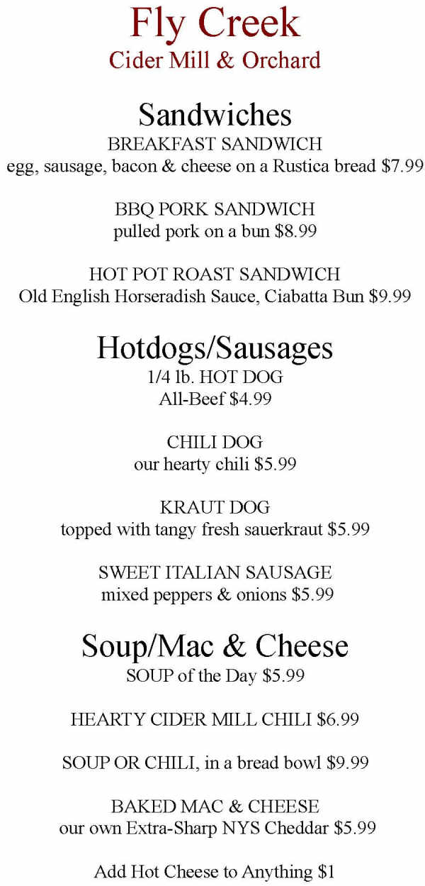 Fly Creek Cider Mill menu page 1