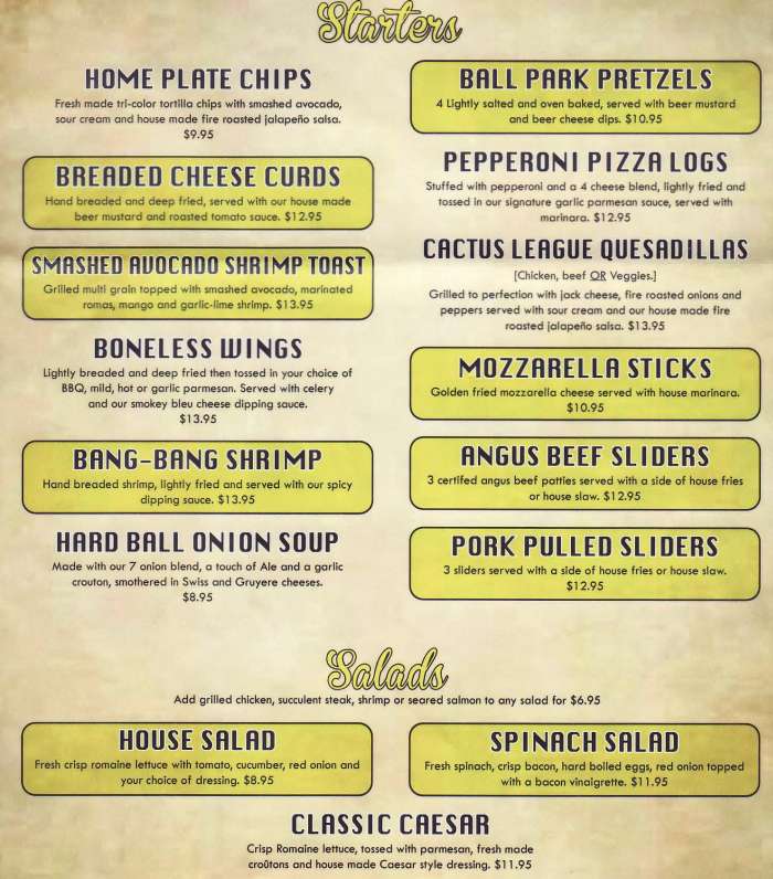 HardBall Cafe menu page 1
