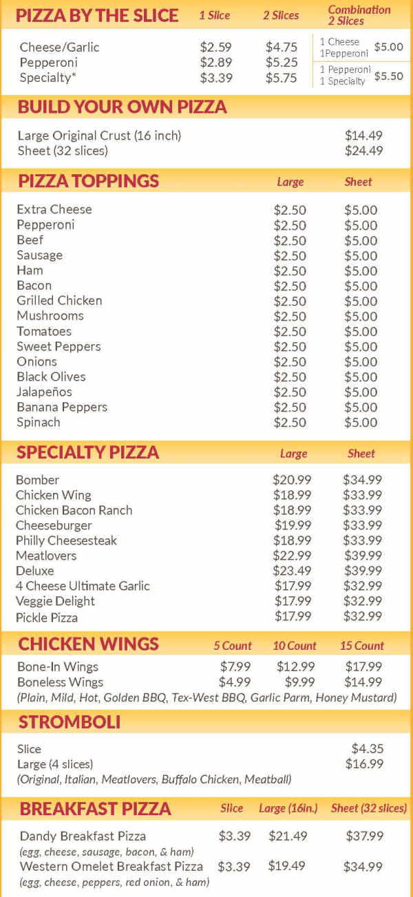 Dandy Pizza menu page 1