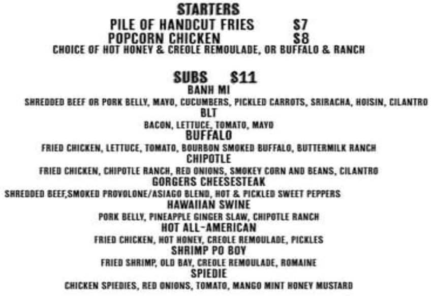 Gorgers menu page 1