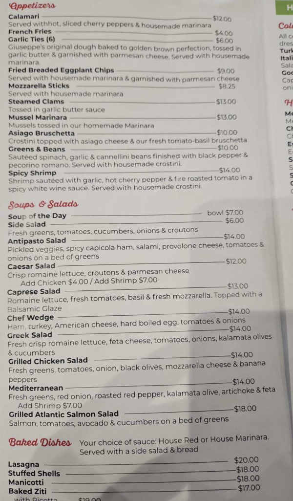 Giuseppe's menu page 1