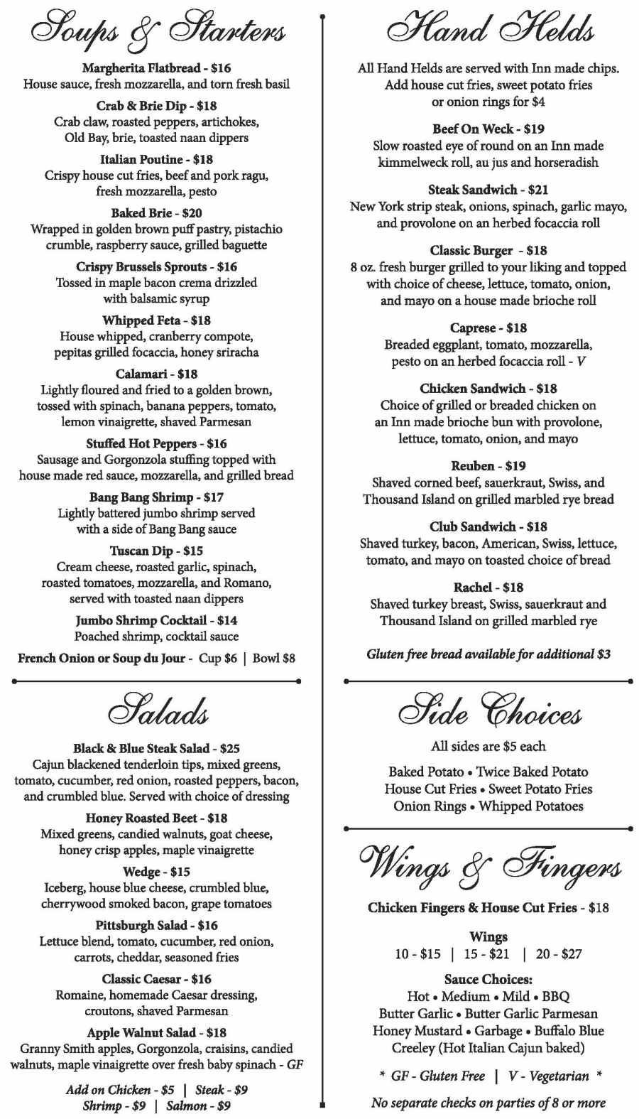 The White Inn menu page 1