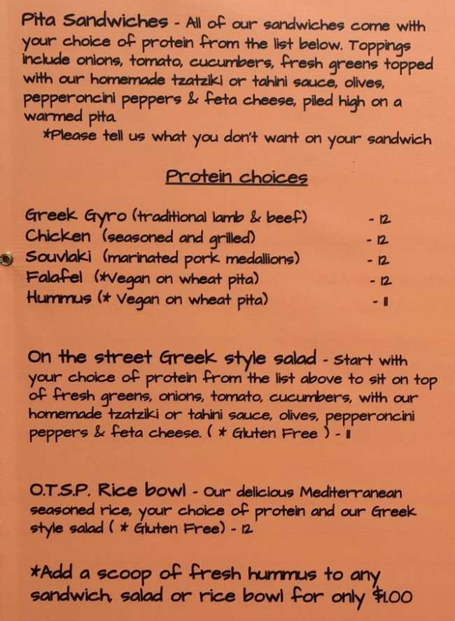 On The Street Pitas menu page 1