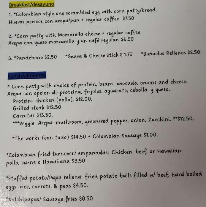 Rincon Colombiano menu page 1