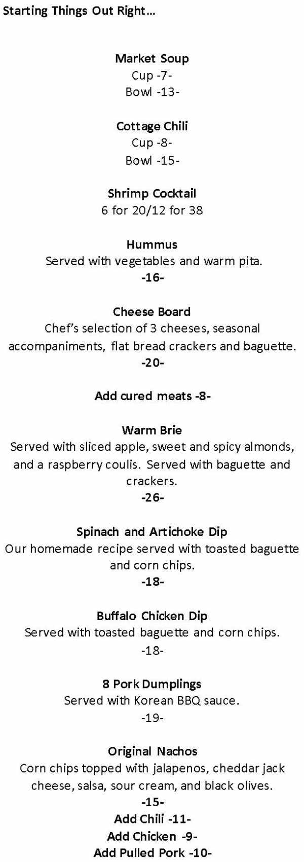 The Cottage menu page 1