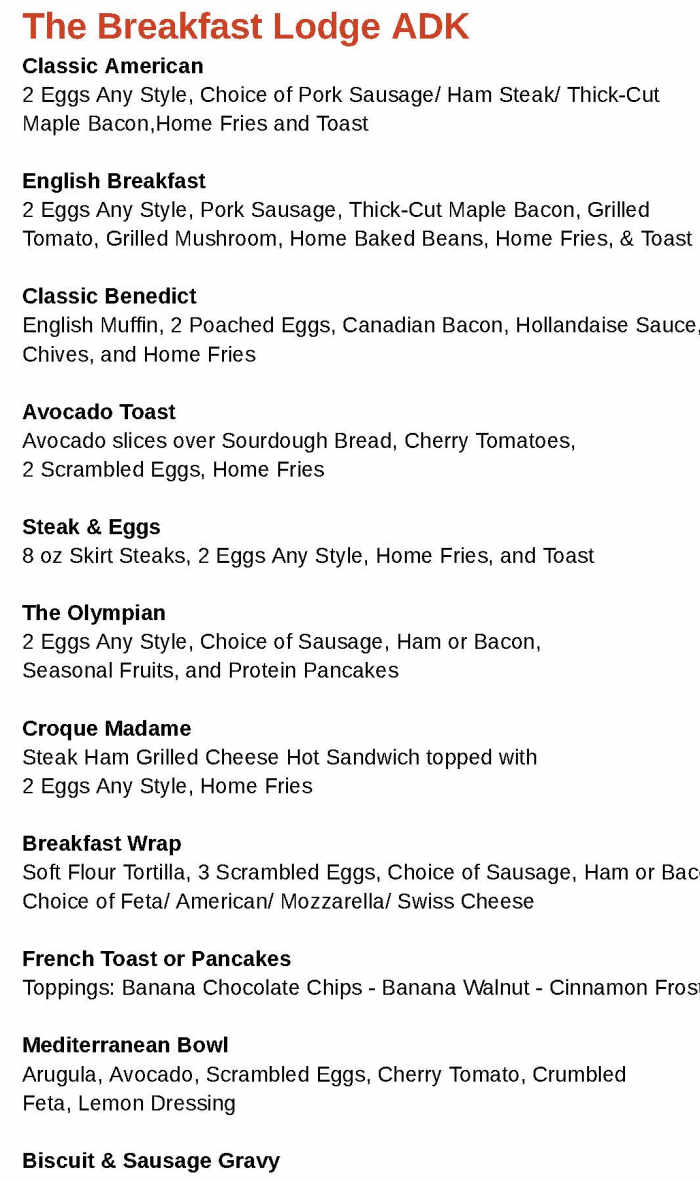 The Breakfast Lodge ADK menu page 1