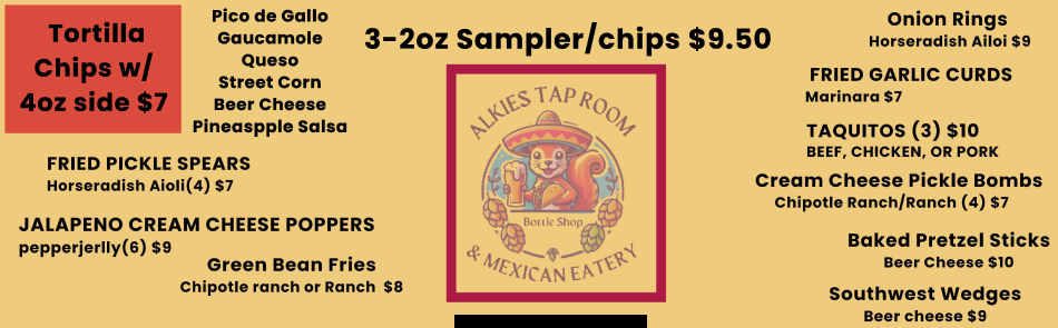 Alkies Taproom & Mexican menu page 1