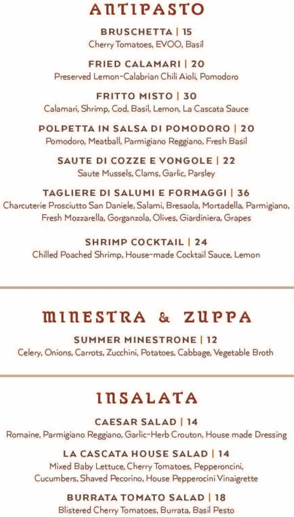 La Cascata menu page 1