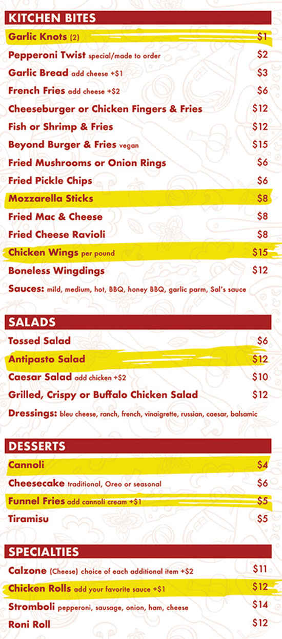 Sal's Pizzeria Menu, Oneonta, NY