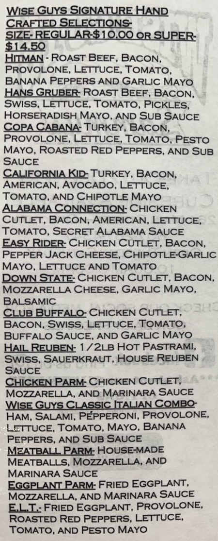 Wise Guys Sammy's menu page 1