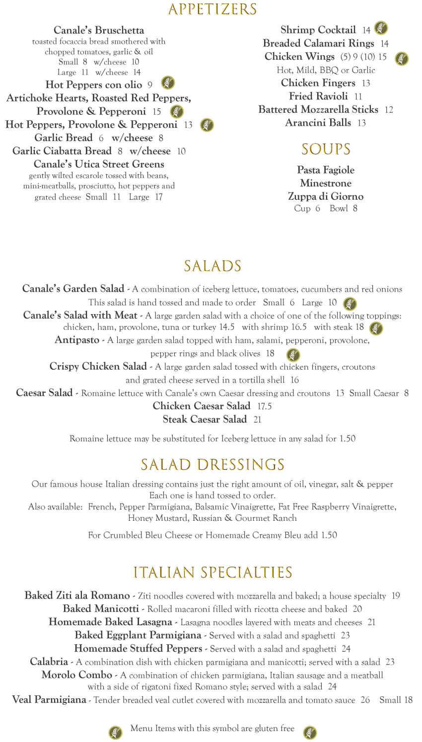 Canale's Restaurant menu page 1