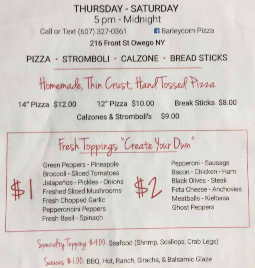 The John Barleycorn Tavern menu page 1