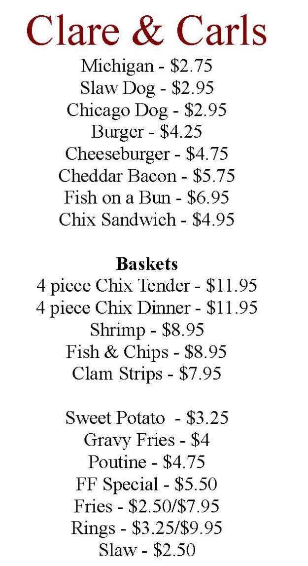 Clare & Carl's Hot Dog Stand menu page 1