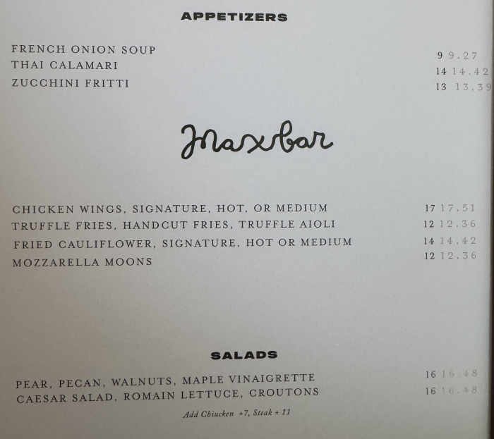 Maxfields menu page 1