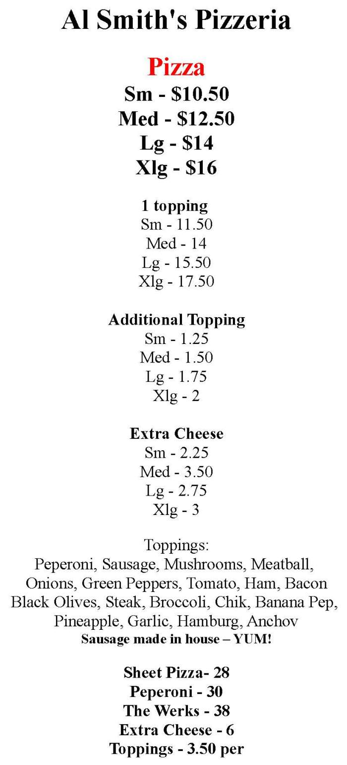 Al Smith's Pizzeria menu page 1