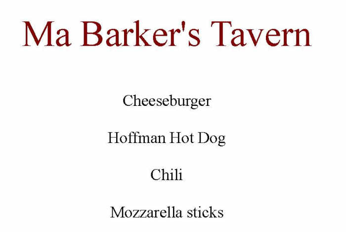 Ma Barker's Tavern menu page 1