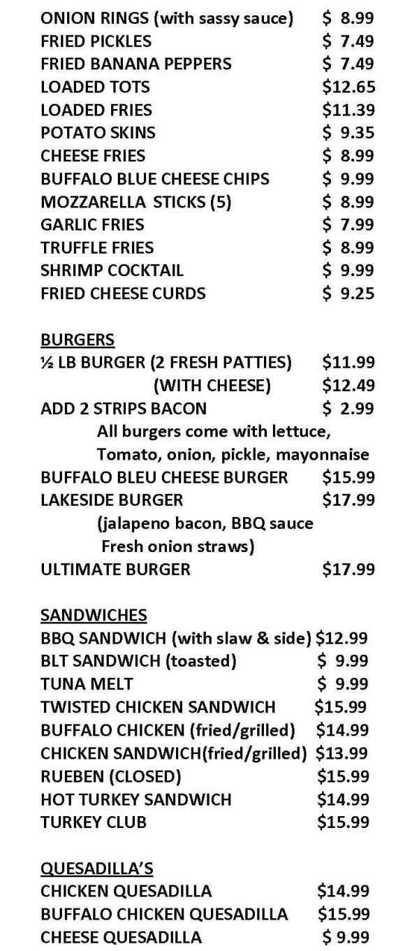 The Lakeside menu page 1