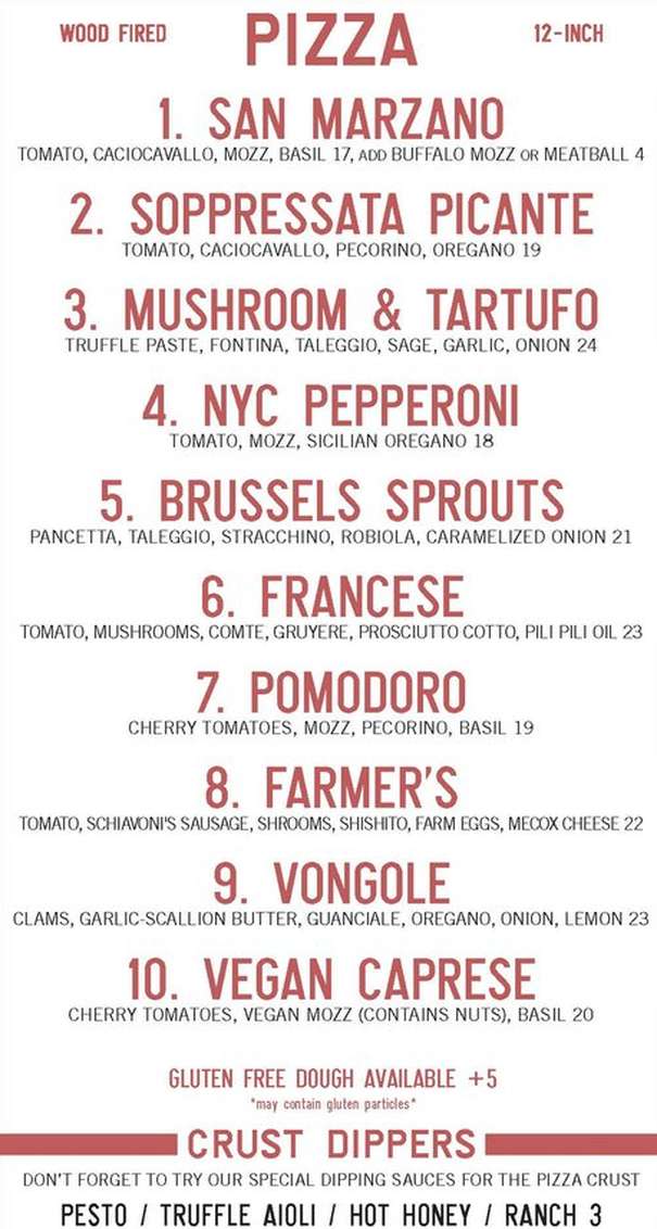 Sag Pizza menu page 1