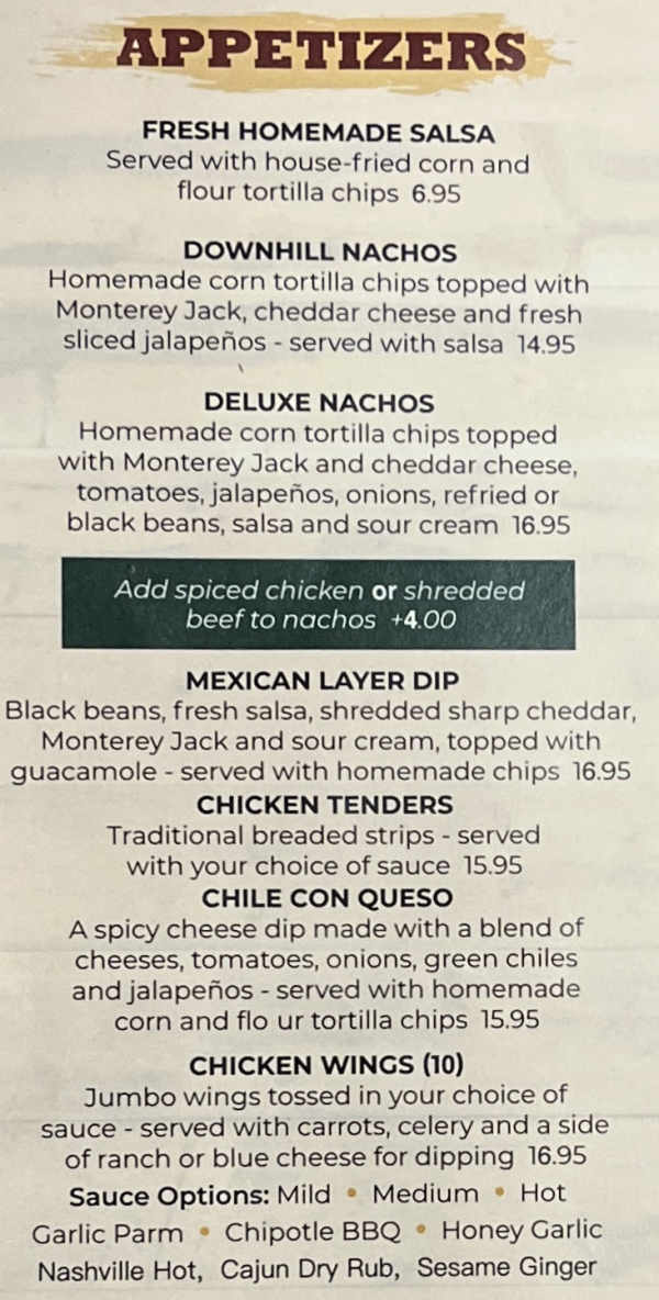 The Downhill Grill menu page 1