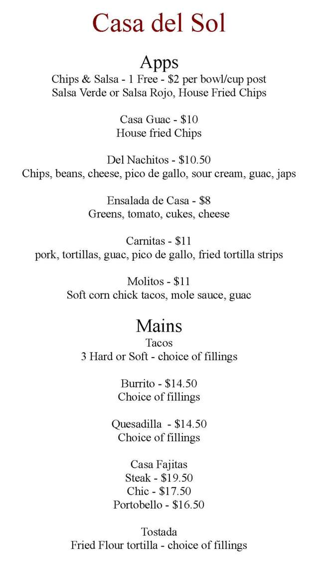 Casa del Sol menu page 1