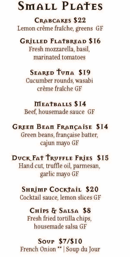 The Inn at Saratoga menu page 1