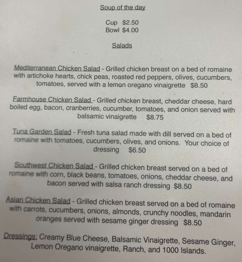 Irwin's Fine Food menu page 1